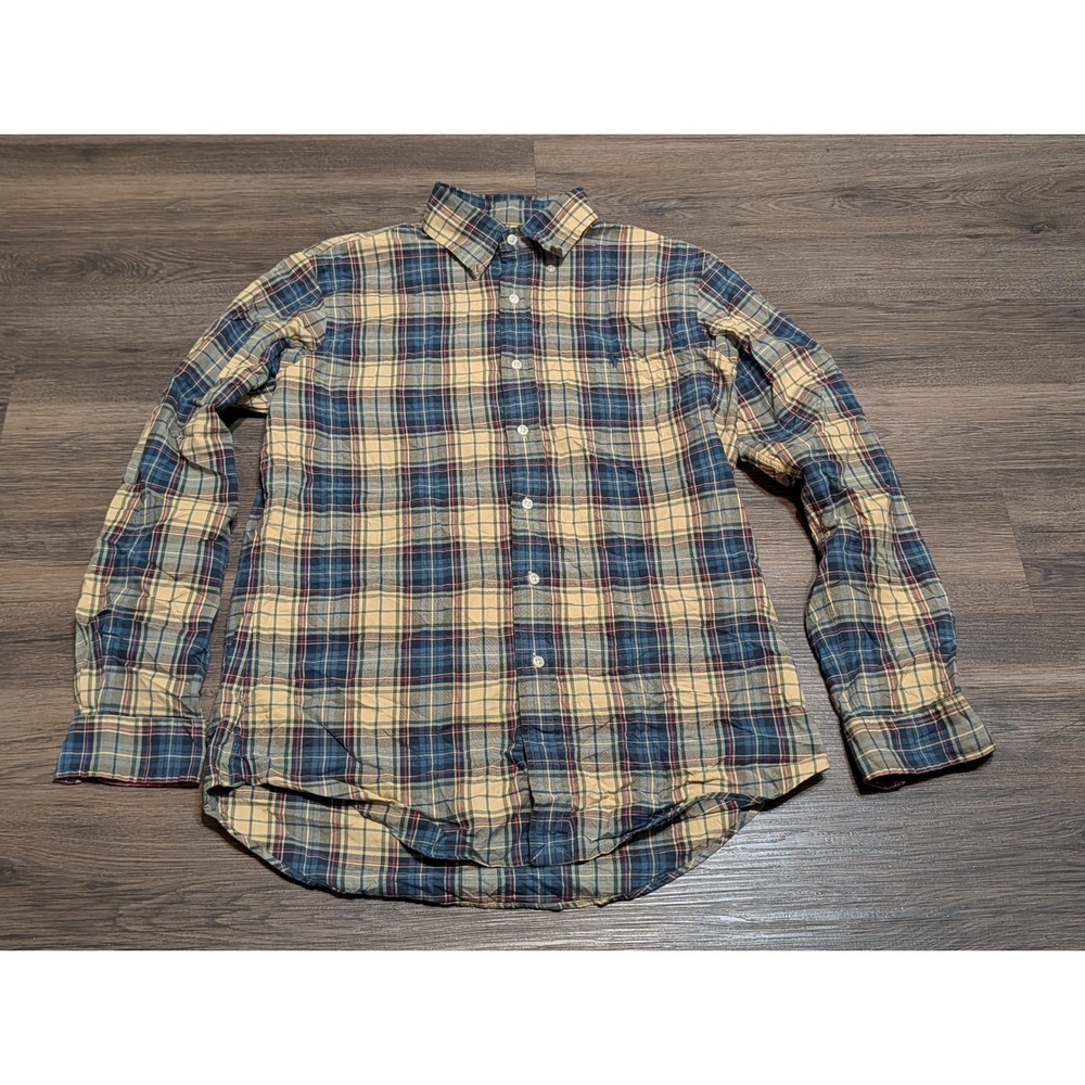 Ralph Lauren Custom Fit Plaid Button Down Shirt Mens Medium Blue Tan Long Sleeve